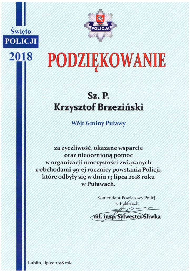 Podzi kowanie Za Pomoc W Organizacji wi ta Policji 2018 Gmina Pu awy Podzi kowanie Za Pomoc W Organizacji wi ta Policji 2018 Gmina Pu awy