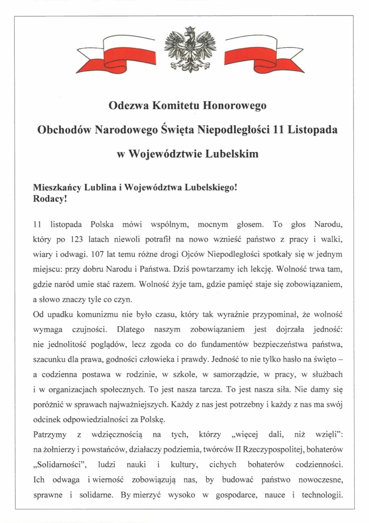 Odezwa Narodowe Święto Niepodległości 2025 rok 1 page 0001