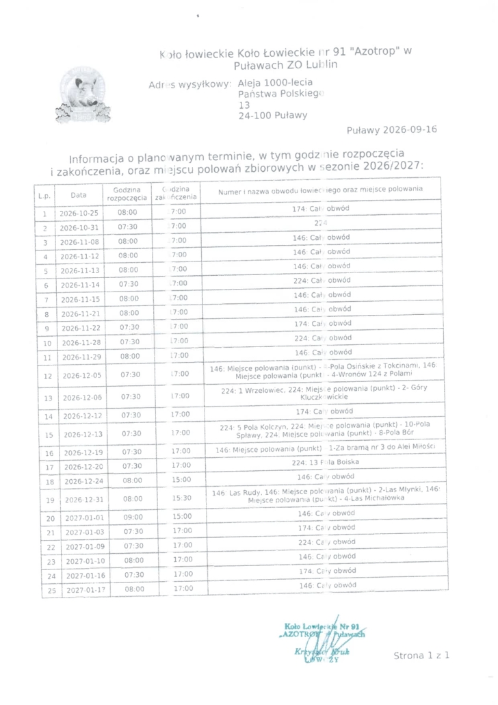 Załącznik do Obwieszczenia Wójta Plan polowań KŁ nr 91 AZOTROP w Puławach page 0001